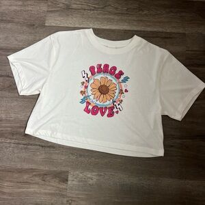 Belle Du Jour Peace Love Flower Graphic Cropped Tee - White